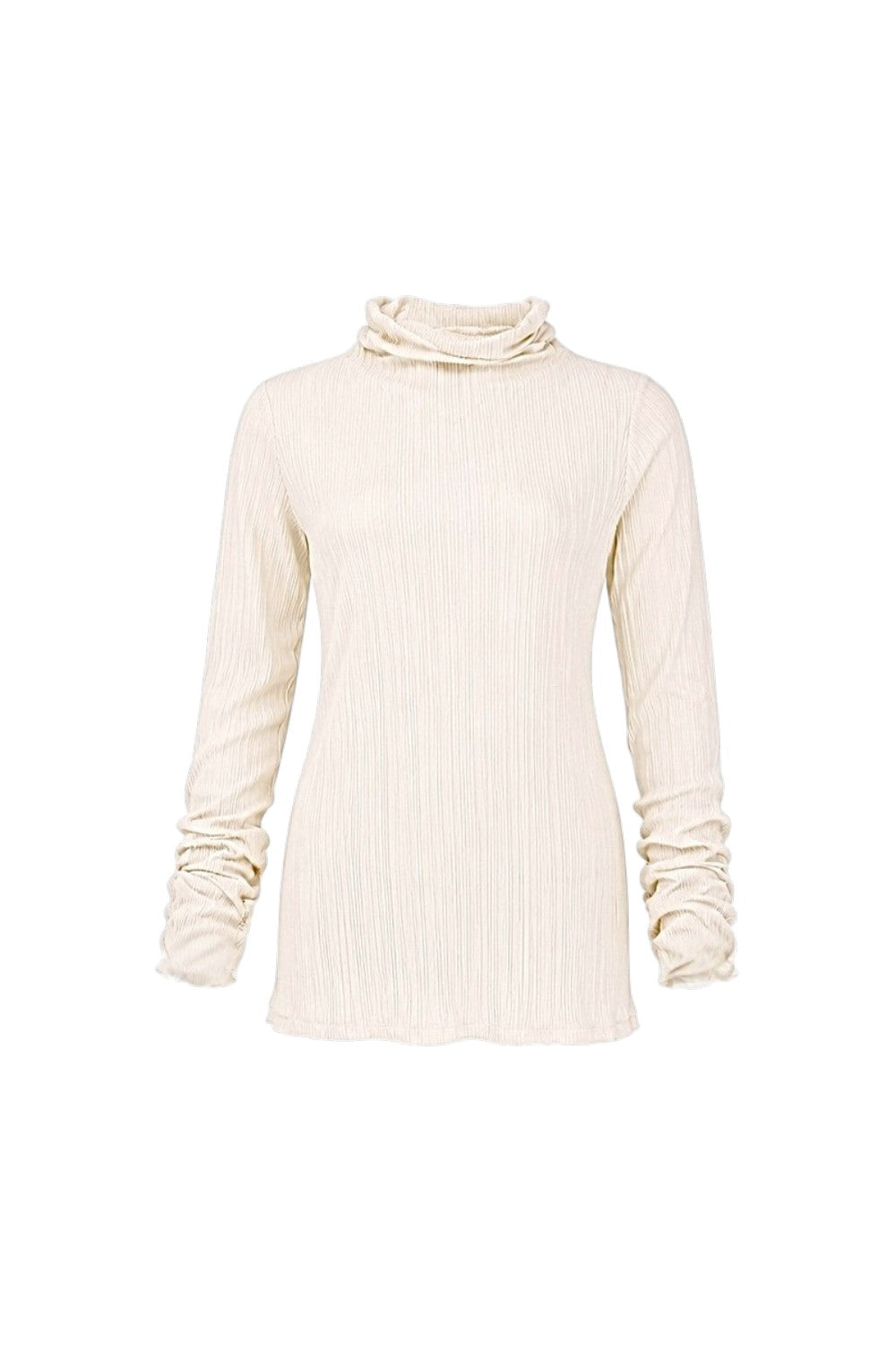 Cream-colored turtleneck sweater on a white background