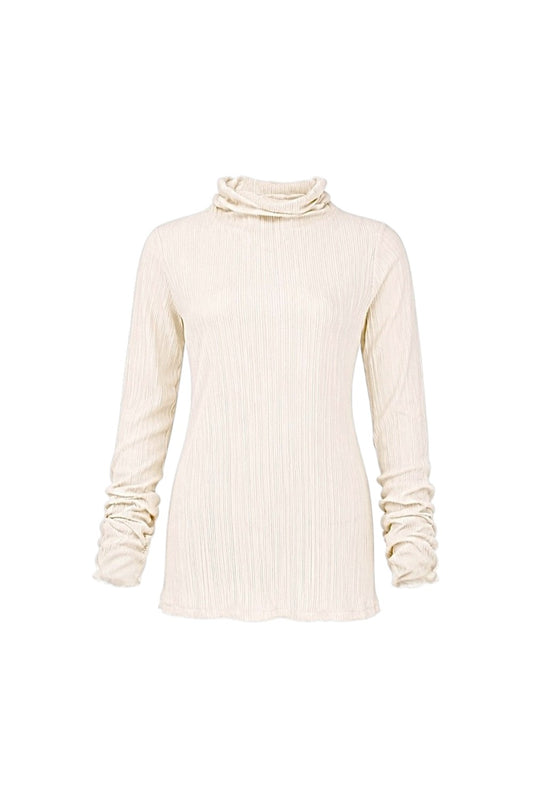 Cream-colored turtleneck sweater on a white background