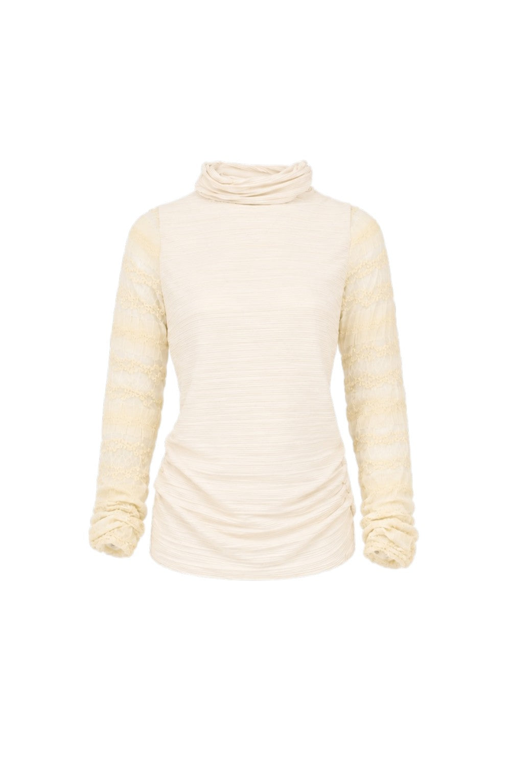 Cream-colored turtleneck sweater on a white background