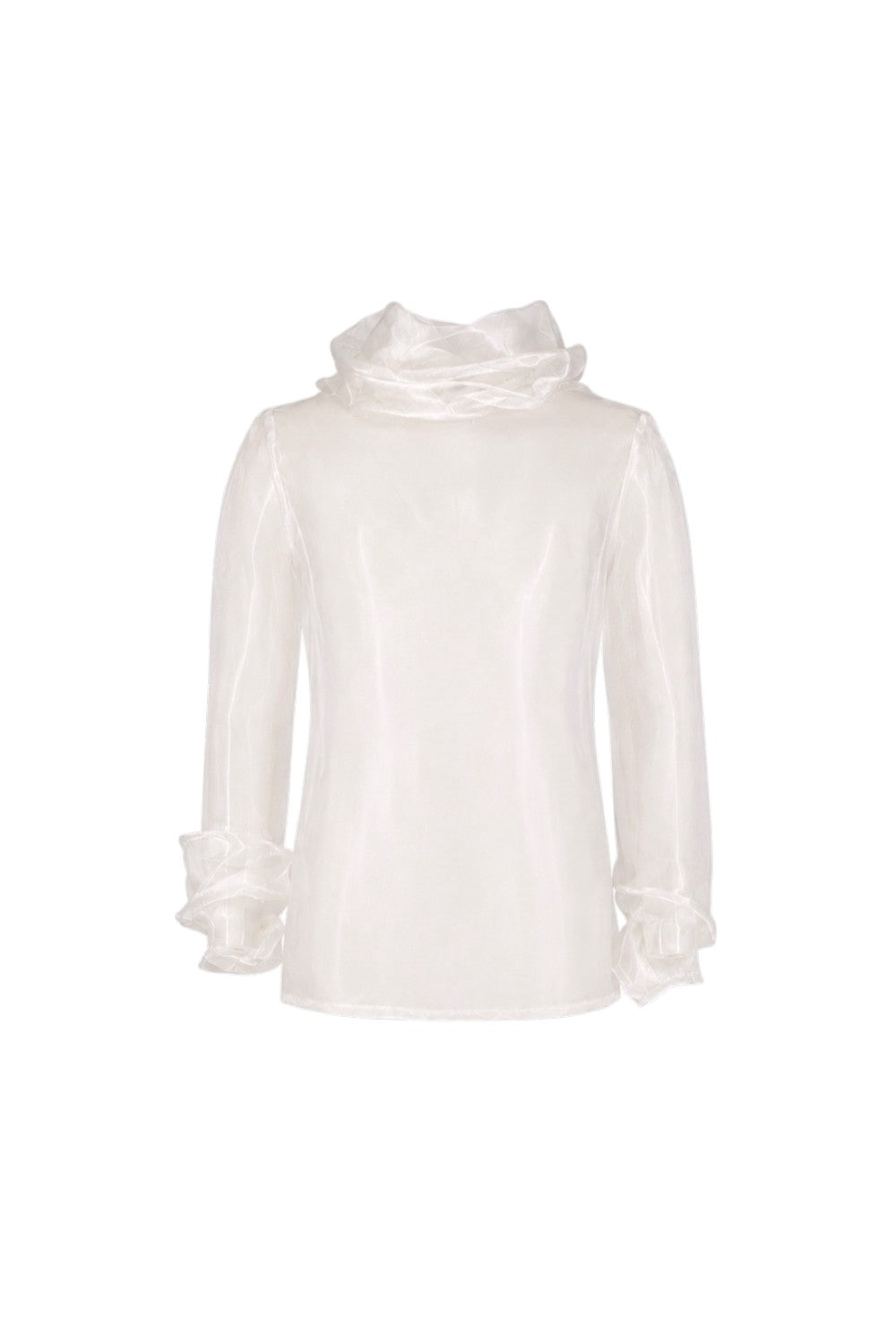 White blouse with ruffled details on a white background