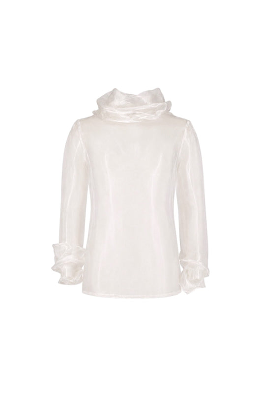 White blouse with ruffled details on a white background