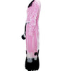Pink and black costume with ruffled details on a white background