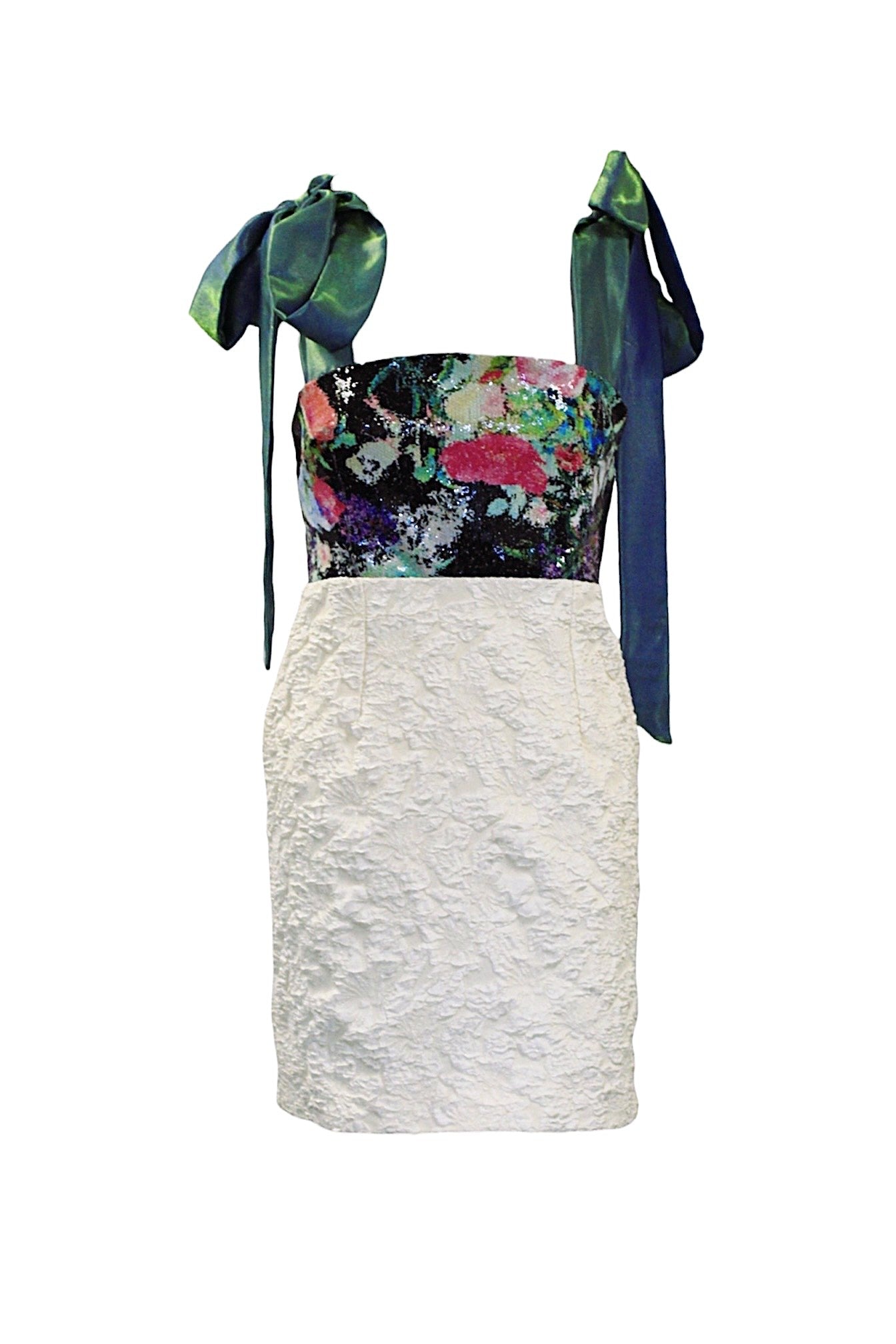 Dress with floral top and textured skirt on a white background