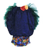 Children's outfit with blue top and colorful floral shorts on a white background