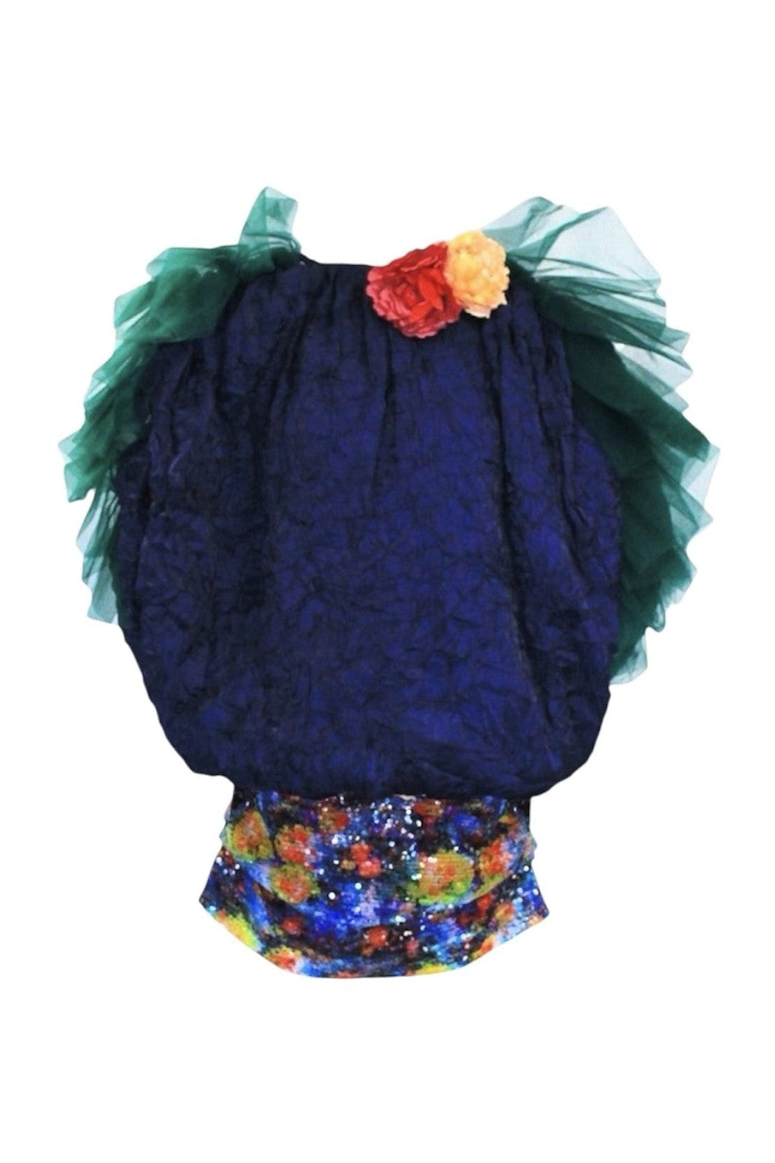 Children's outfit with blue top and colorful floral shorts on a white background