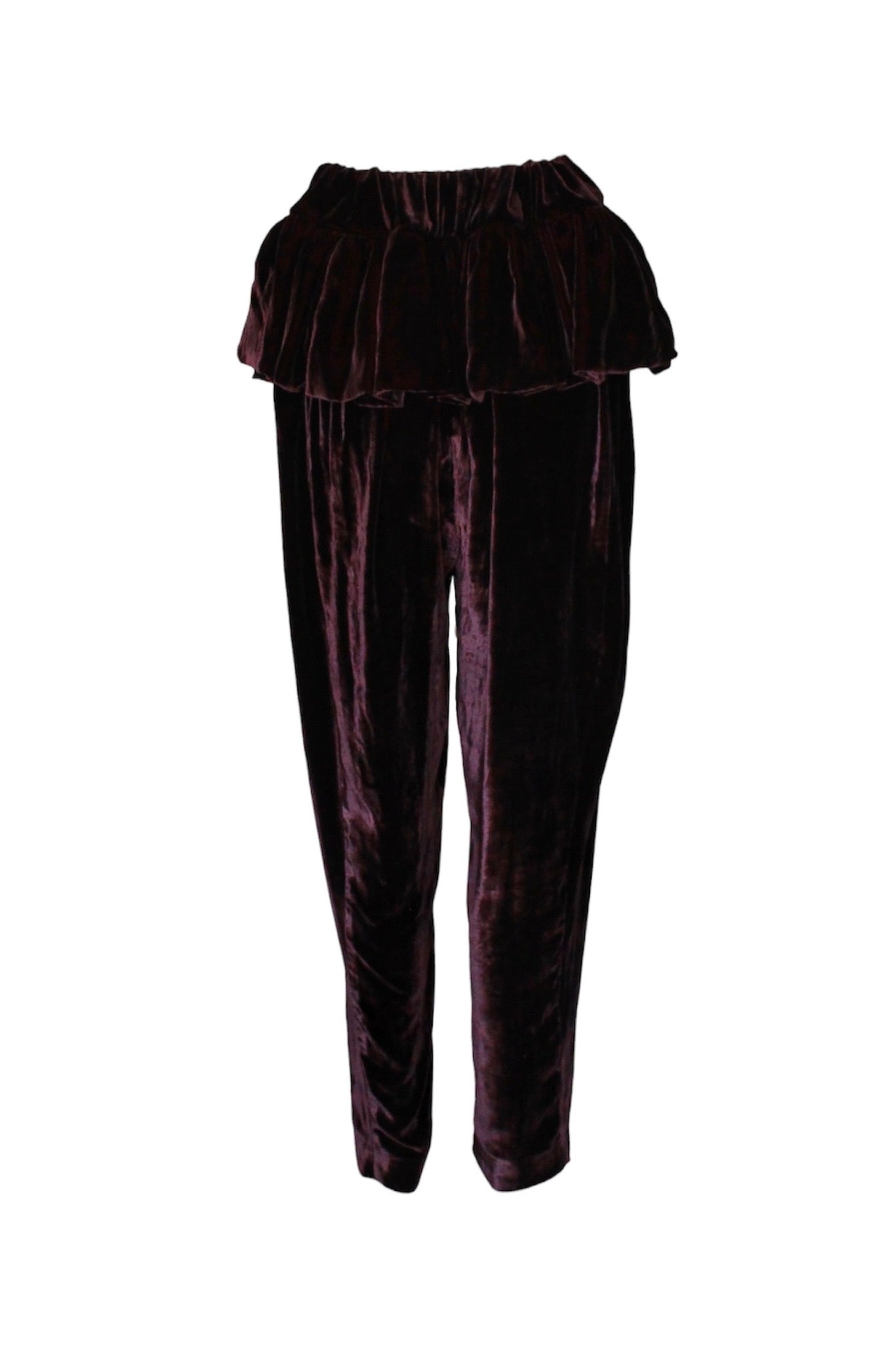 Dark purple velvet pants with a ruffled top on a white background