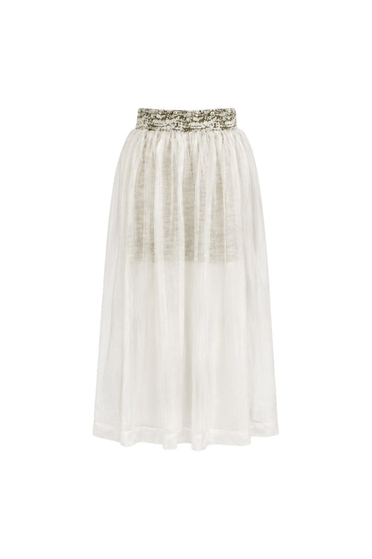 White skirt with a patterned waistband on a white background