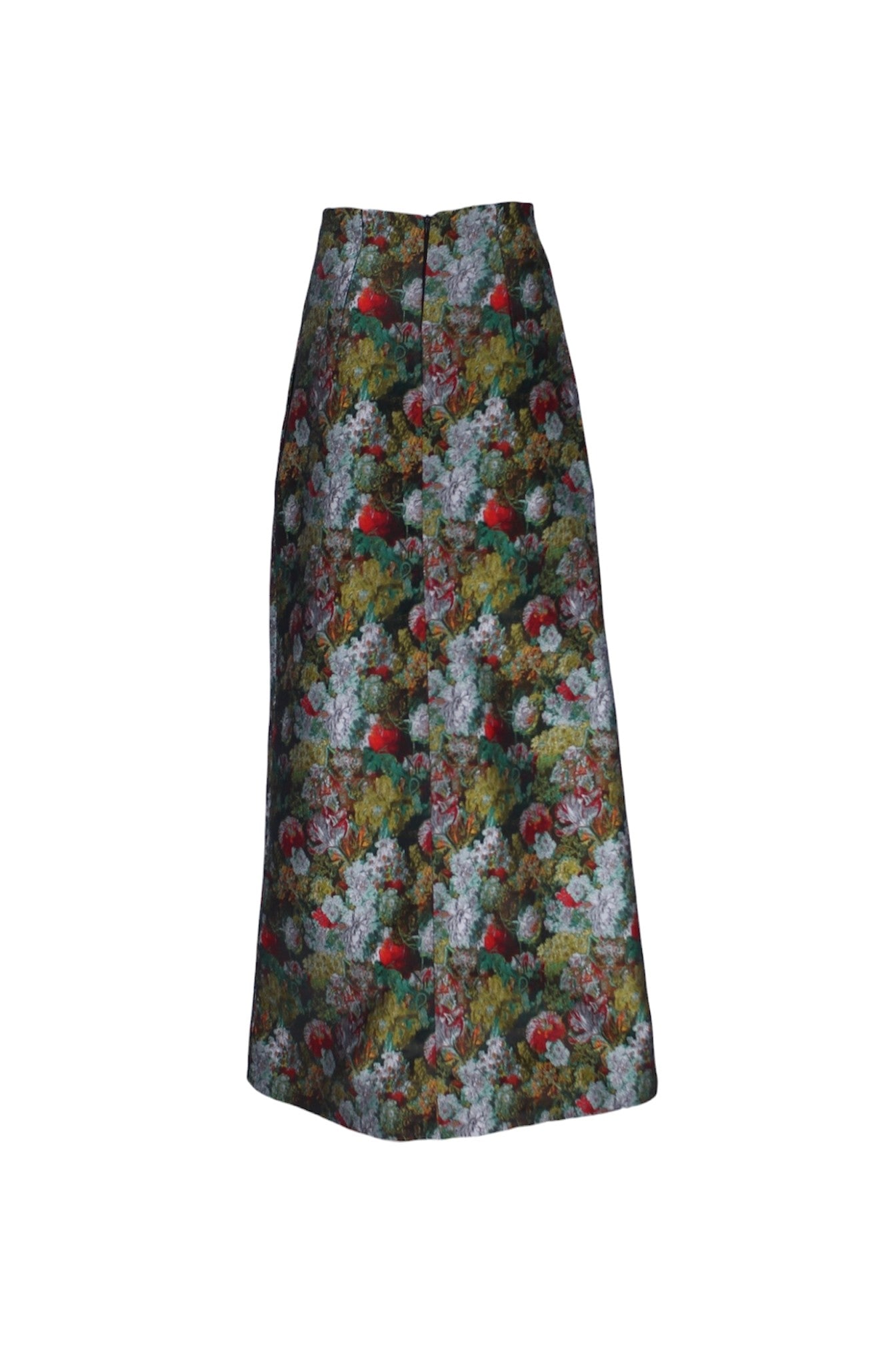 Long skirt with a pattern of birds and trees on a white background