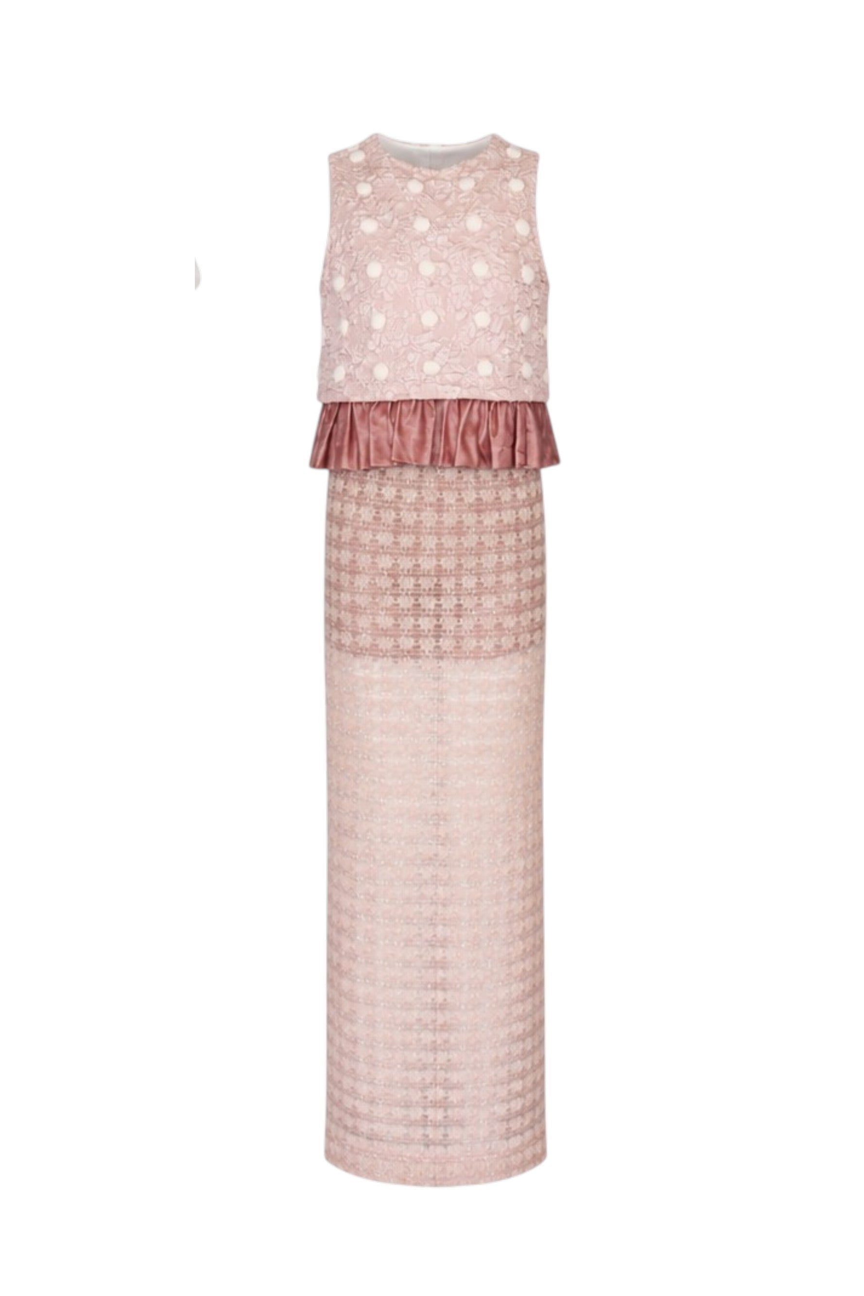 Pink dress with polka dot top and textured skirt on a white background