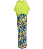Green top and colorful patterned pants on a white background
