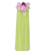 Green dress with pink floral embellishments on a white background