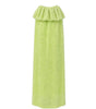 Green textured dress with ruffled top on a white background