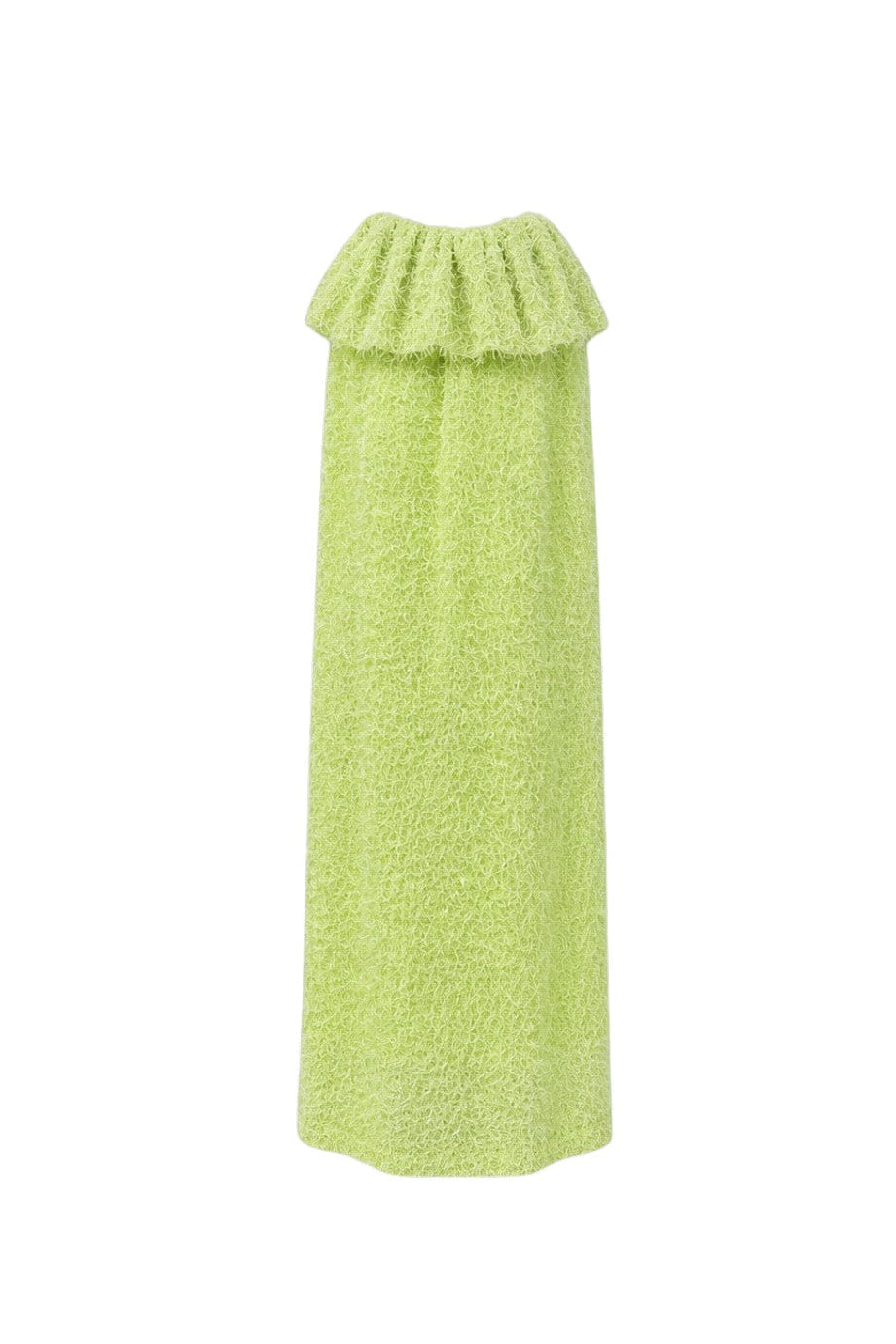 Green textured dress with ruffled top on a white background