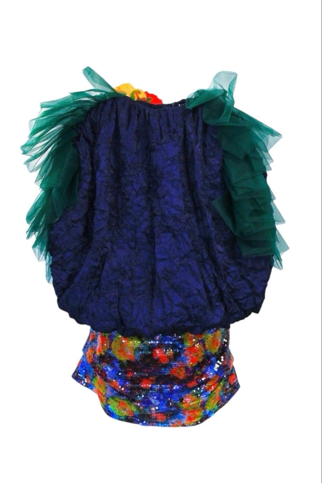 Colorful children's outfit with a blue top and multicolored bottom on a white background
