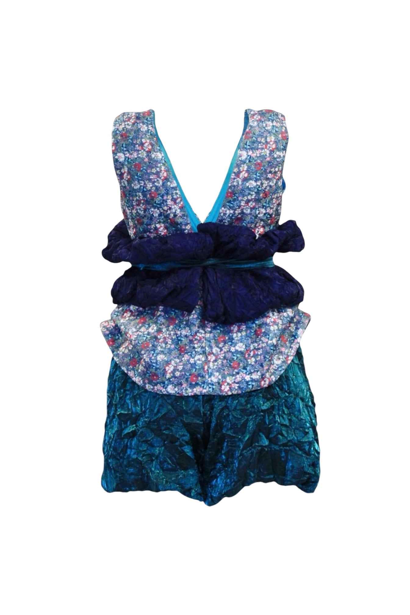 Floral playsuit with tulle waist and crumpled taffeta