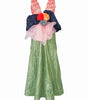 Green dress with colorful floral top on a white background
