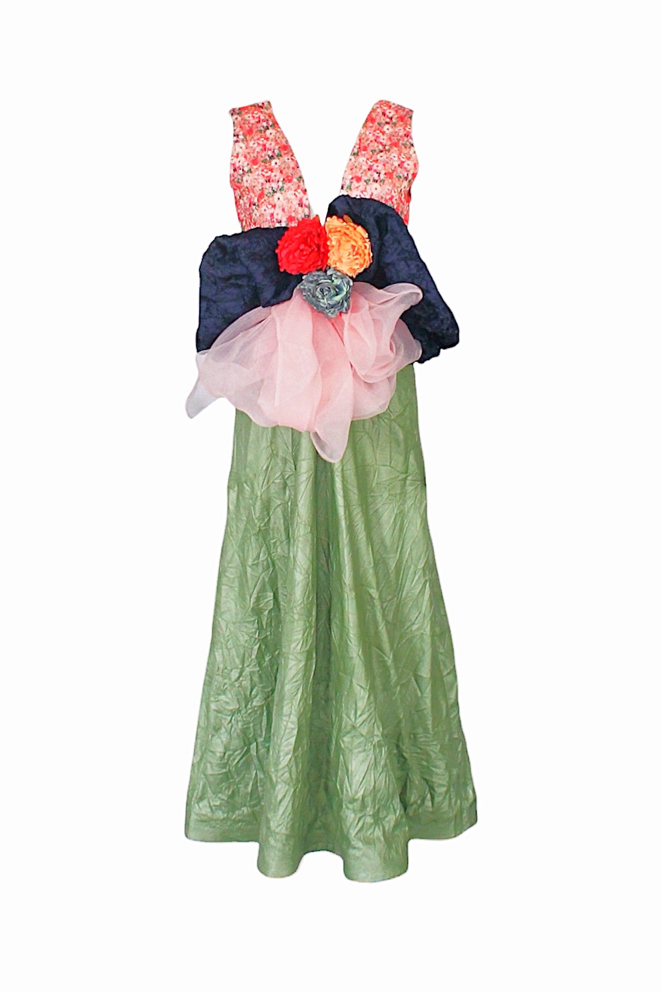 Green dress with colorful floral top on a white background