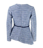 Blue textured dress with a belt on a white background