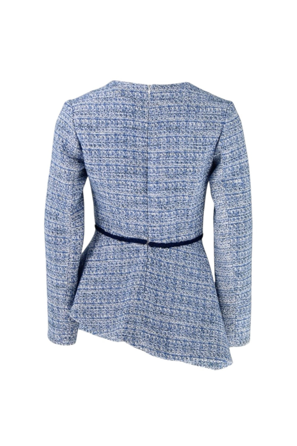 Blue textured dress with a belt on a white background