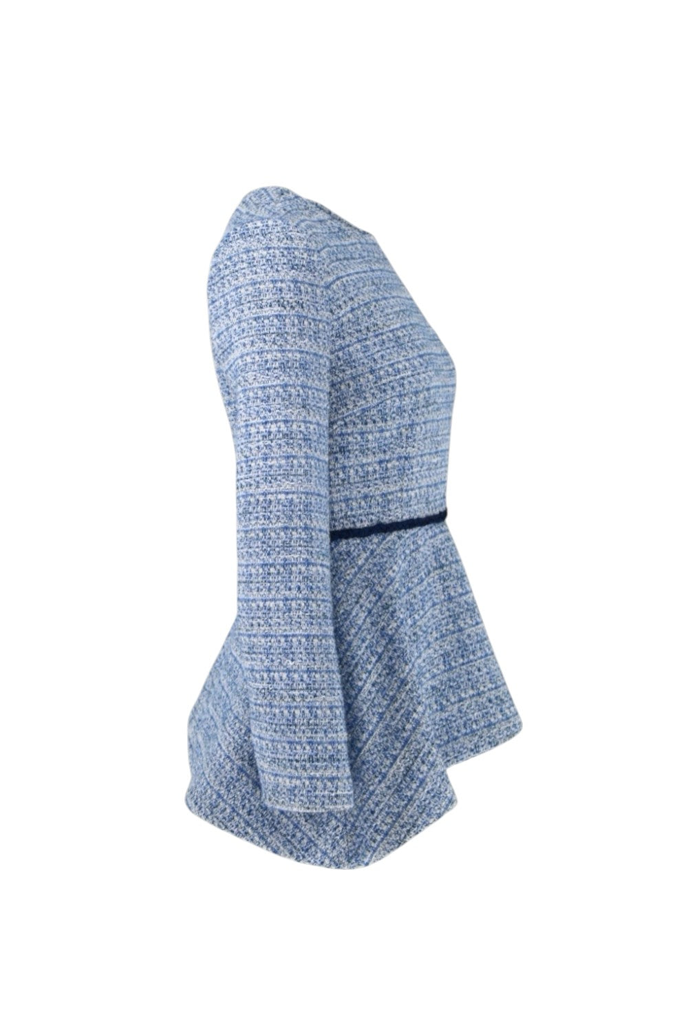 Blue knitted off-shoulder sweater on a white background