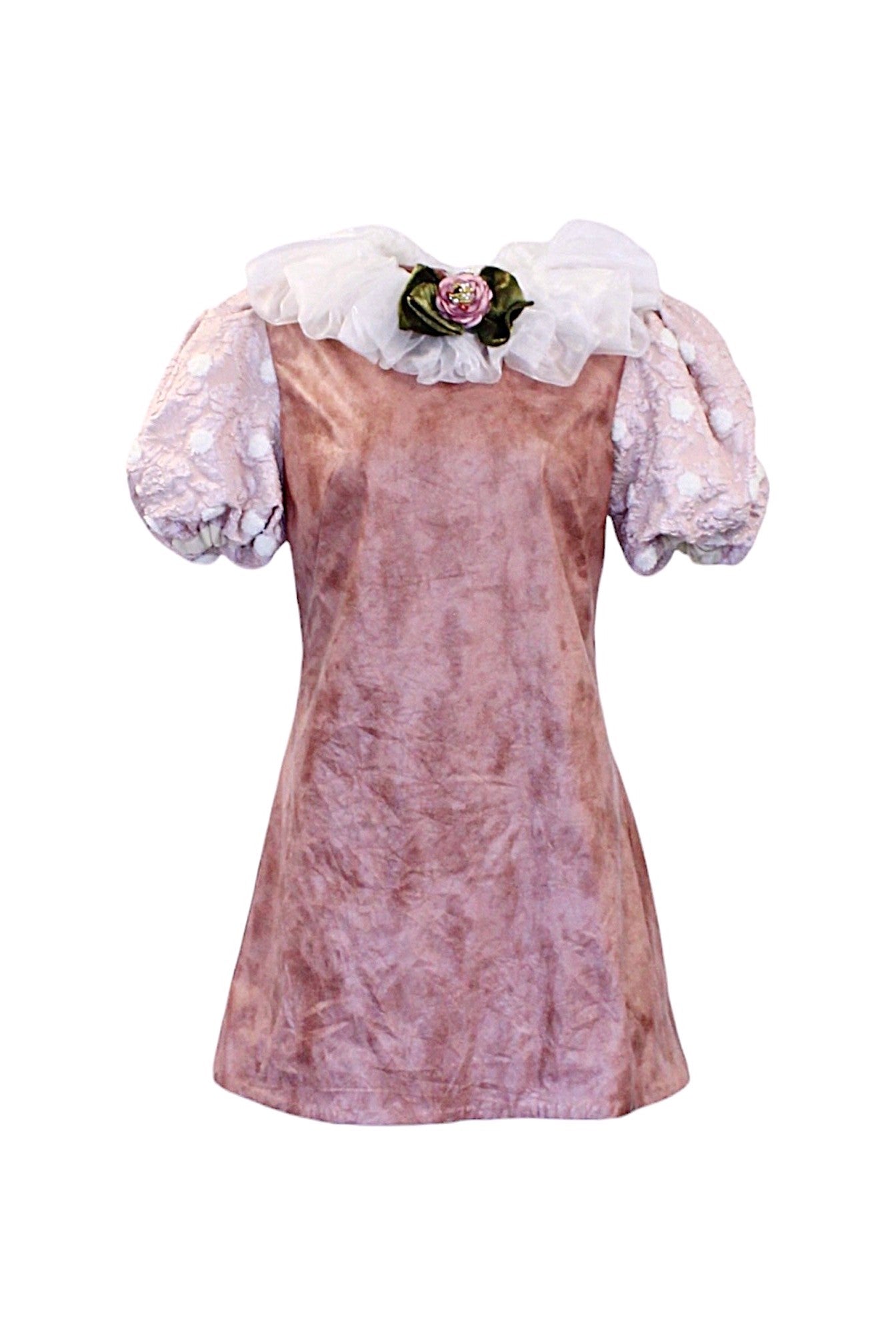 Vintage-style dress with puff sleeves and floral detail on a white background