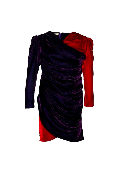 Two-tone purple and red dress on a white background